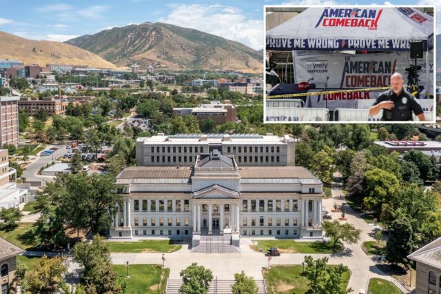 Vista aérea dos edifícios da Universidade Estadual de Utah com montanhas em segundo plano.