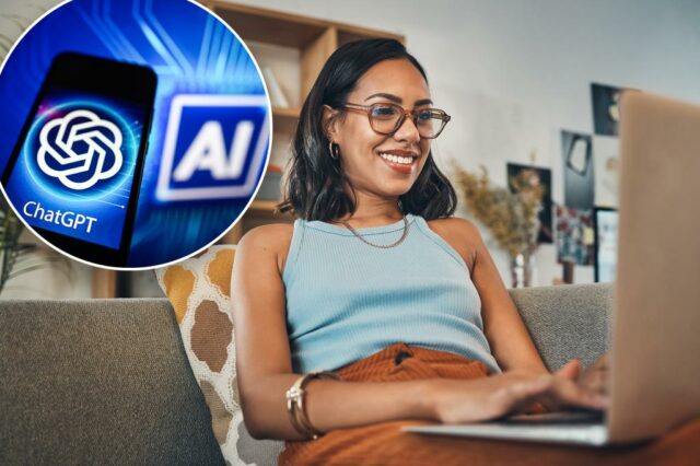 Ilustração fotográfica de um logotipo ChatGPT exibido em um smartphone com um logotipo da AI em segundo plano.
