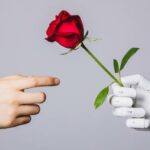 human hand reaching for red rose in robotic hand