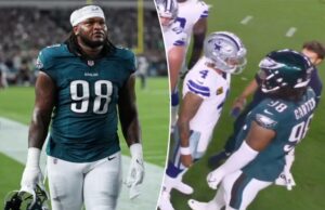 O Sports World enlouquece depois que Jalen Carter cospe em Dak Prescott: ‘Total Trash’ Jalen Carter #98 do Philadelphia Eagles sai do campo.