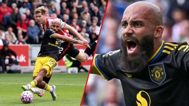 Nathan Collins Falta Bryan Mbeumo, levando a uma penalidade sendo concedida durante a partida da Premier League entre Brentford e Manchester United no Gtech Community Stadium em 2025 em Brentford, Inglaterra.
