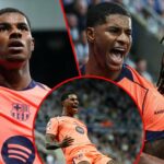 O estrela do Manchester United e da Inglaterra, Marcus Rashford, comemora depois de marcar a partida da Liga dos Campeões entre o Newcastle United e o Barcelona no St James 'Park em 2025 em Newcastle, em Tyne, Inglaterra.