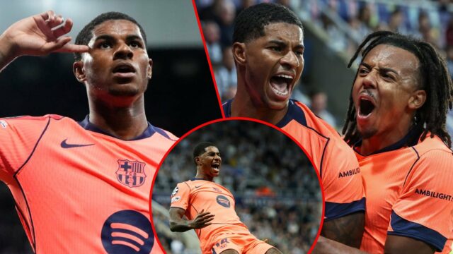 O estrela do Manchester United e da Inglaterra, Marcus Rashford, comemora depois de marcar a partida da Liga dos Campeões entre o Newcastle United e o Barcelona no St James 'Park em 2025 em Newcastle, em Tyne, Inglaterra.