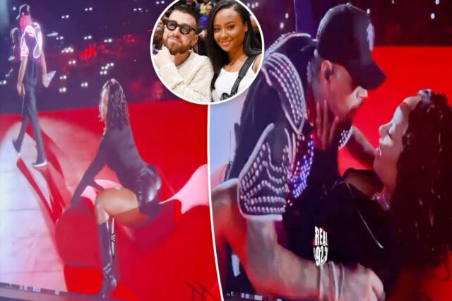 O ex -Kayla Nicole de Travis Kelce recebe dança sensual de Chris Brown no palco durante o show

