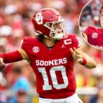 O quarterback de Oklahoma Sooners, John Mateer (10), joga durante o primeiro tempo contra o Auburn Tigers no Gaylord Family-Oklahoma Memorial Stadium.