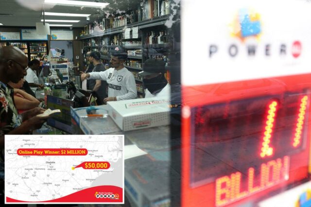 Pessoas que compram ingressos para loteria da Powerball em uma loja de bebidas, com um jackpot de US $ 1,1 bilhão exibido.