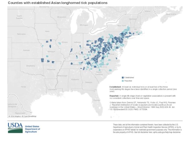 O mapa revela onde o Tick de Larghorned intrusivo encontrado nos Estados Unidos 

