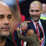 O ex -gerente do Manchester United, Sir Alex Ferguson, aperta as mãos do gerente da cidade de Manchester, Pep Guardiola, após a partida final da FA Cup entre o Manchester City e o Manchester United em Wembley, em Londres, em 2023.
