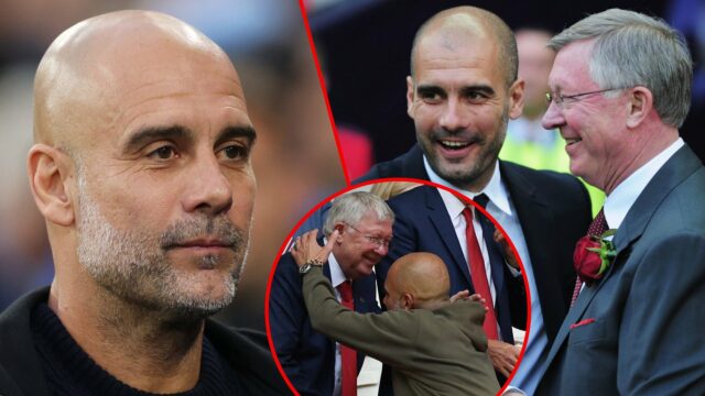 O ex -gerente do Manchester United, Sir Alex Ferguson, aperta as mãos do gerente da cidade de Manchester, Pep Guardiola, após a partida final da FA Cup entre o Manchester City e o Manchester United em Wembley, em Londres, em 2023.