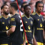 O gerente do Manchester United, Ruben Amorim, fala com Diogo Dalot e Matheus Cunha durante a partida da Premier League entre Brentford e Manchester United no Gtech Community Stadium em 2025 em Brentford, Inglaterra.