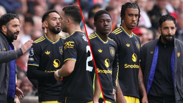 O gerente do Manchester United, Ruben Amorim, fala com Diogo Dalot e Matheus Cunha durante a partida da Premier League entre Brentford e Manchester United no Gtech Community Stadium em 2025 em Brentford, Inglaterra.