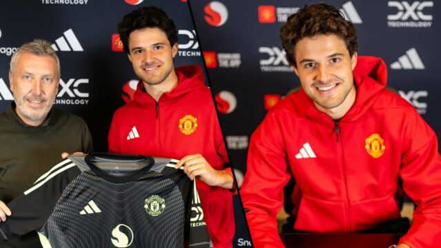 O ex -astro da Royal Antuérpia Senne Lammens posa depois de assinar o Manchester United no Complexo de Treinamento de Carrington em 2025 em Manchester, Inglaterra.