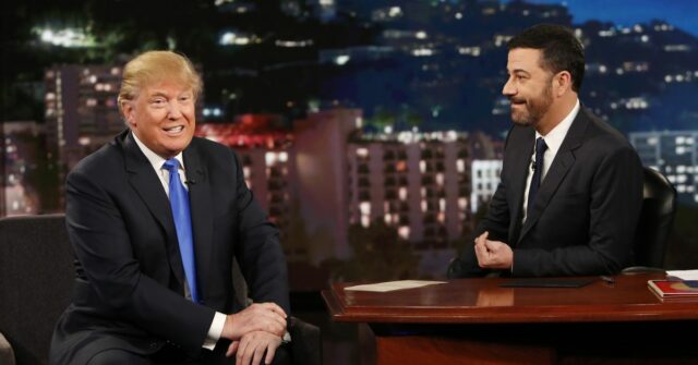 Esta foto fornecida pela ABC mostra o candidato presidencial republicano Donald Trump, à esquerda, com o apresentador Jimmy Kimmel, em 