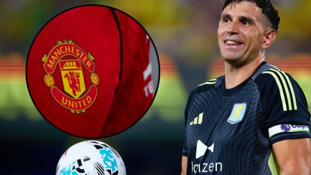 O ex -alvo do Manchester United Emiliano Martinez reage durante a partida amigável entre Villarreal e Aston Villa em 2025 em Villarreal, Espanha.