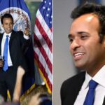 O candidato governamental republicano de Ohio, Vivek Ramaswamy, fala em uma manifestação de campanha.