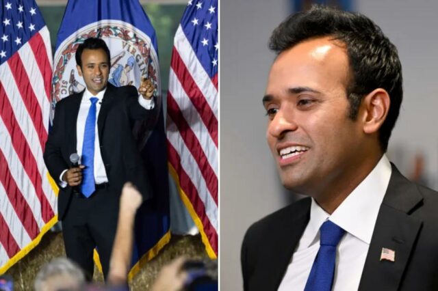O candidato governamental republicano de Ohio, Vivek Ramaswamy, fala em uma manifestação de campanha.