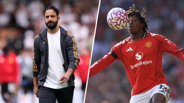 Patrick Dorgu controla a bola para o Manchester United