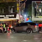 Oficial dirigindo o tráfego na Church Avenue e na Schenectady Avenue em East Flatbush foi atingido por trás por um sedan preto com uma placa laranja.