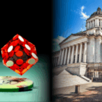 O Olympia Man se sentenciou por US $ 900 mil e vício em jogos de azar. Imagem dividida mostrando um dado de cassino vermelho e chip de pôquer à esquerda, e o prédio do Capitólio do Estado de Washington à direita
