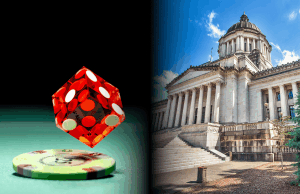 Olympia Guy Punido por US $ 900 mil por dependência de abastecimento de abastecimento O Olympia Man se sentenciou por US $ 900 mil e vício em jogos de azar. Imagem dividida mostrando um dado de cassino vermelho e chip de pôquer à esquerda, e o prédio do Capitólio do Estado de Washington à direita