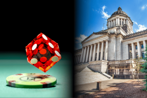 Olympia Guy Punido por US $ 900 mil por dependência O Olympia Man se sentenciou por US $ 900 mil e vício em jogos de azar. Imagem dividida mostrando um dado de cassino vermelho e chip de pôquer à esquerda, e o prédio do Capitólio do Estado de Washington à direita