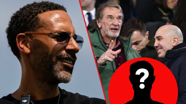 O chefe de Ineos, Sir Jim Ratcliffe, e o CEO do Red Devils (CEO) Omar Berrada durante a partida da Premier League entre o Manchester City e o Manchester United no Etihad Stadium em 2024 em Manchester, Inglaterra.