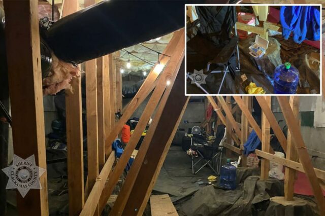 Os moradores chocados do condomínio de Oregon em Happy Valley descobriram um invasor escondido em um espaço de rastreamento - onde os policiais dizem que ele estava vivendo há algum tempo em um covil improvisado.