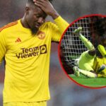Andre Onana está no chão, enquanto as pontuações de Taiwo Awoniyi