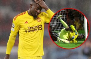 Os 10 piores erros Andre Onana cometidos no Manchester United, com feitiço com erros envolvendo um fim Andre Onana está no chão, enquanto as pontuações de Taiwo Awoniyi