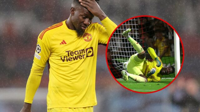 Andre Onana está no chão, enquanto as pontuações de Taiwo Awoniyi