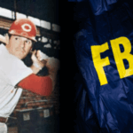 Imagem dividida mostrando o jogador de beisebol em um uniforme de Cincinnati Reds segurando um bastão à esquerda e uma jaqueta azul do FBI com grandes letras amarelas à direita. Os arquivos do FBI revelam supostos laços de jogo e narcóticos envolvendo MLB Pete Rose