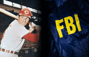 Os dados do FBI expõem conexões de jogos e narcóticos declarados, incluindo a MLB Pete Rose Imagem dividida mostrando o jogador de beisebol em um uniforme de Cincinnati Reds segurando um bastão à esquerda e uma jaqueta azul do FBI com grandes letras amarelas à direita. Os arquivos do FBI revelam supostos laços de jogo e narcóticos envolvendo MLB Pete Rose