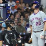 Um Pete Alonso desanimado volta ao abrigo depois de atacar com um corredor no terceiro e um no terceiro turno da derrota por 6-2 do Mets para o Marlins em 26 de setembro de 2025.