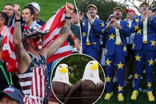 Os fãs da Ryder Cup saem com fantasias do Zany para apoiar a US e a Europa

