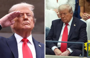 Os indivíduos estão definitivamente derramando -o sobre Donald Trump, obtendo vaiado no final dos Estados Unidos Open Pessoa em um terno formal realizando um gesto de saudação