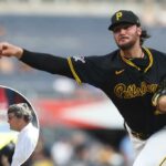 O arremessador de Pittsburgh Pirates, Paul Skenes (30), entrega um arremesso contra o Chicago Cubs durante o primeiro turno no PNC Park.