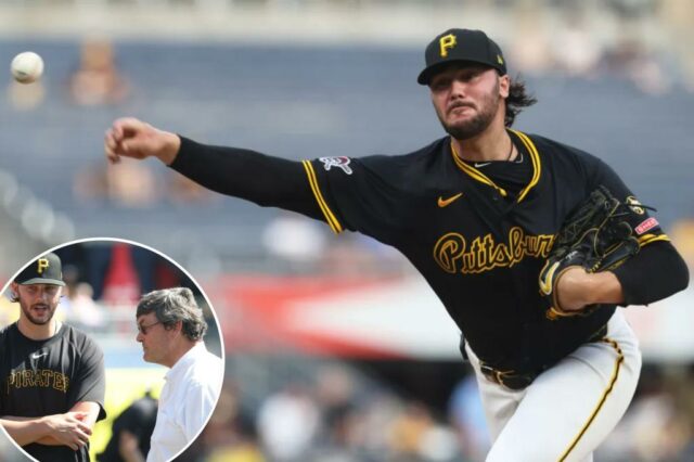 O arremessador de Pittsburgh Pirates, Paul Skenes (30), entrega um arremesso contra o Chicago Cubs durante o primeiro turno no PNC Park.