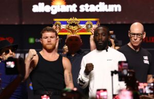 Previsões de Canelo vs. Crawford, probabilidades: escolhas para a luta de boxe de sábado Canelo Alvarez em uma conferência de imprensa.