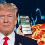 O anúncio do Pulse Trump de Pulse de previsão agita o mercado de conversas enquanto o Índice de Pizza Pentágono permanece plano. Imagem editada mostrando Donald Trump na frente de um plano de fundo no mercado de ações, com uma pizza de pepperoni e um smartphone exibindo uma plataforma de apostas.
