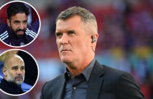 Roy Keane prevê o resultado antes do 197º Manchester Derby Roy Keane durante o serviço especialista em Wembley, parecendo intensamente.