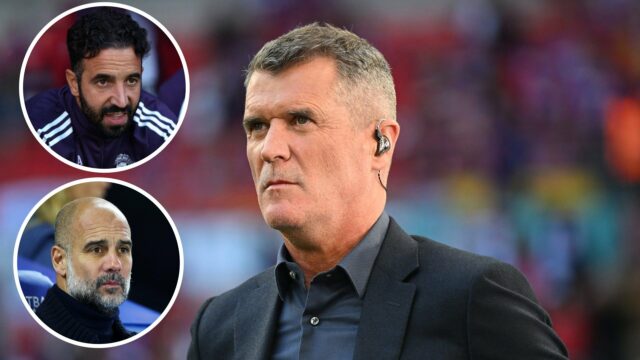 Roy Keane durante o serviço especialista em Wembley, parecendo intensamente.