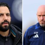 O gerente do Manchester United, Ruben Amorim, durante a partida da Premier League entre o Manchester City e o Manchester United no Etihad Stadium em 14 de setembro de 2025