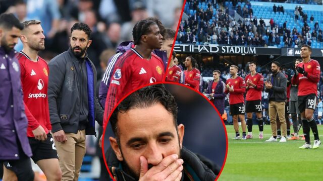 Ruben Amorim olha depois de perder a partida da Premier League entre o Manchester City e o Manchester United no Etihad Stadium em 2025 em Manchester, Inglaterra.