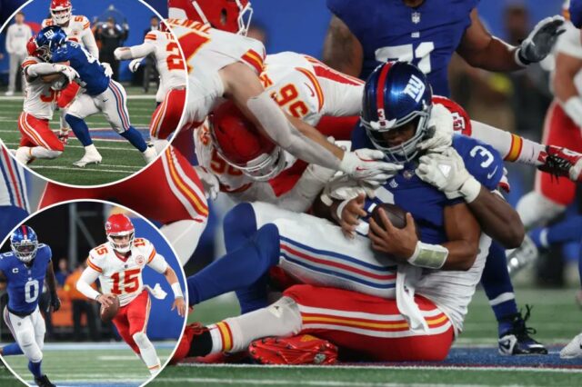 Russell Wilson luta poderosamente quando os gigantes caem para 0-3 depois de sair com os chefes

