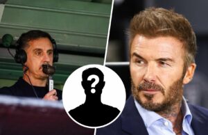 Salford City Select anterior Guy Utd Exec como CBO, David Beckham e Gary Neville fazem uso de links Gary Neville comentando em uma partida de Salford City