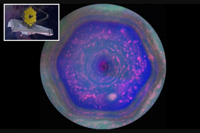 O hexágono de Saturno como fotografado pela sonda Cassini.
