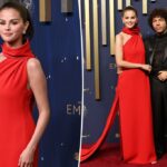 Selena Gomez é radiante em vermelho no Emmys 2025 com Benny Blanco