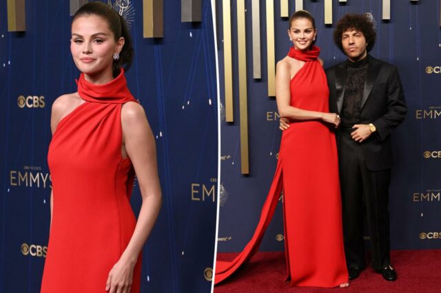 Selena Gomez é radiante em vermelho no Emmys 2025 com Benny Blanco


