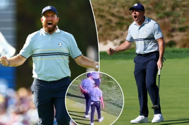 Shane Lowry, da Team Europe, comemora durante a Ryder Cup de 2025.