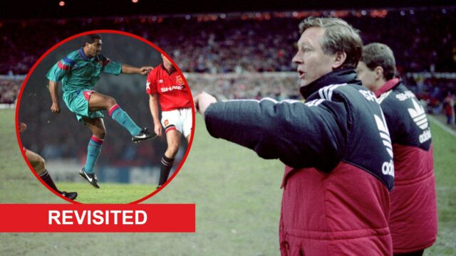 Denis Irwin sai do campo para Man Utd, em Barcelona